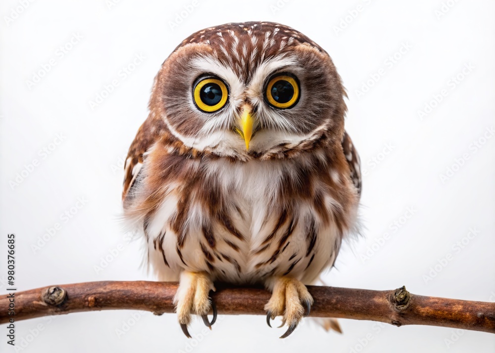 Obraz premium Adorable elf owl with white and brown feathers, big round eyes, and tiny beak perches on a branch against a clean white studio background.
