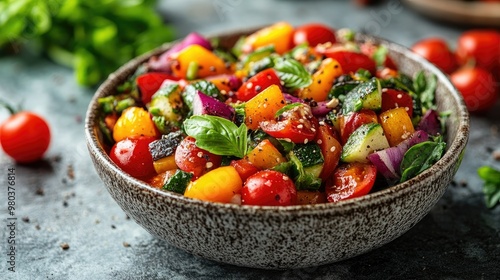 Colorful vegetable stir-fry, plain light background