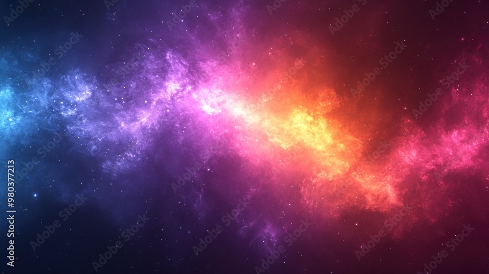 Fototapeta premium A vibrant, colorful abstract nebula with a central bright band stretching across a dark cosmic background.
