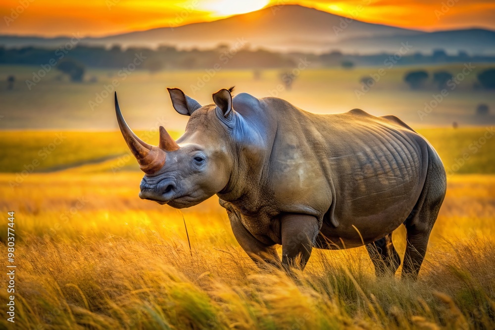 Obraz premium Majestic rhino stands tall in savannah grasslands, sun-kissed oxpeckers perch on its rugged skin, basking in warm golden hour light with tranquil atmosphere.