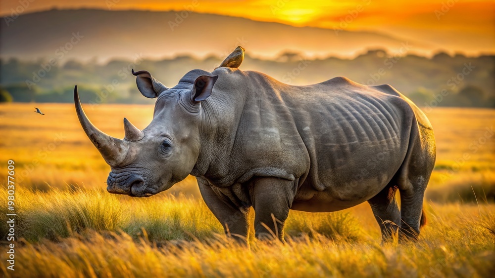 Obraz premium Majestic rhino stands calmly in a serene savannah landscape, oxpeckers perched on its back, as warm golden hour light illuminates the tranquil African wilderness scene.