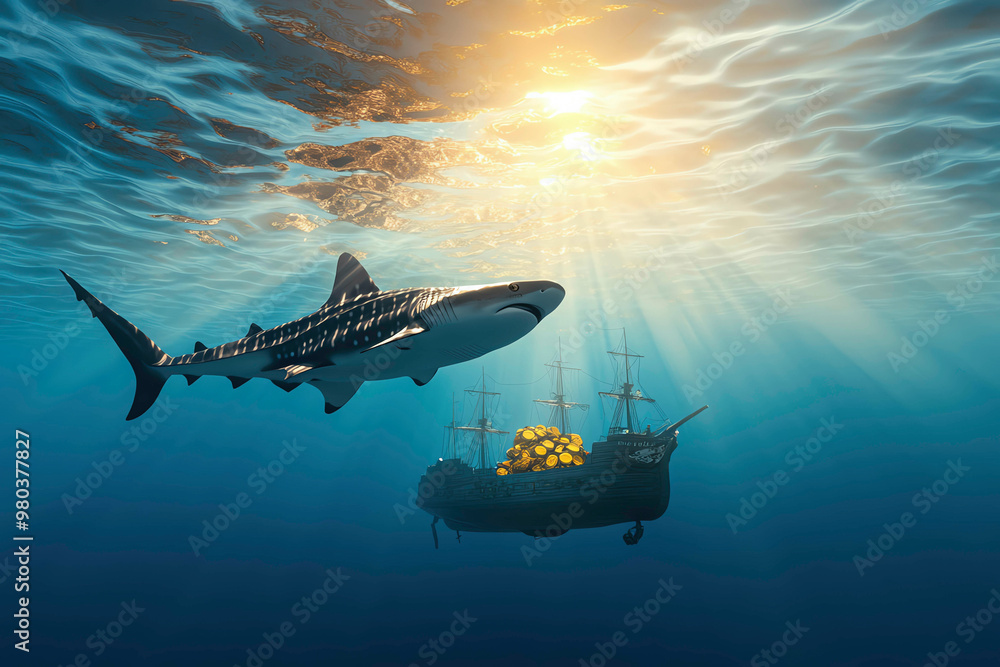 Naklejka premium Whale shark swimming near a sunken pirate ship, treasure visible, 3D illustration