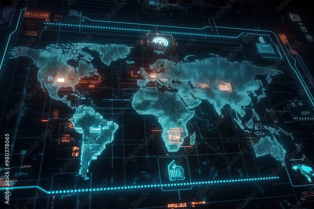 Obraz premium A futuristic world map display featuring glowing data points and digital connections for tech and global communication themes.