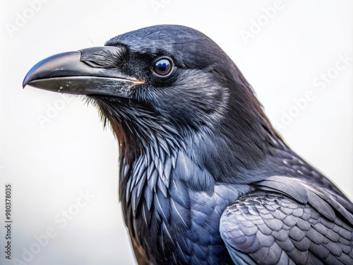 A solitary crow with glossy black feathers and a sharp beak perches confidently on a pure white background, showcasing its mysterious and intelligent gaze. photo