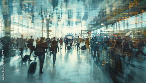 Futuristic airport terminal with motion blurred travelers