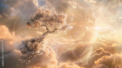 Dreamlike Bonsai Tree with Delicate Feather Branches in a Fantasy Landscape of Floating Islands
