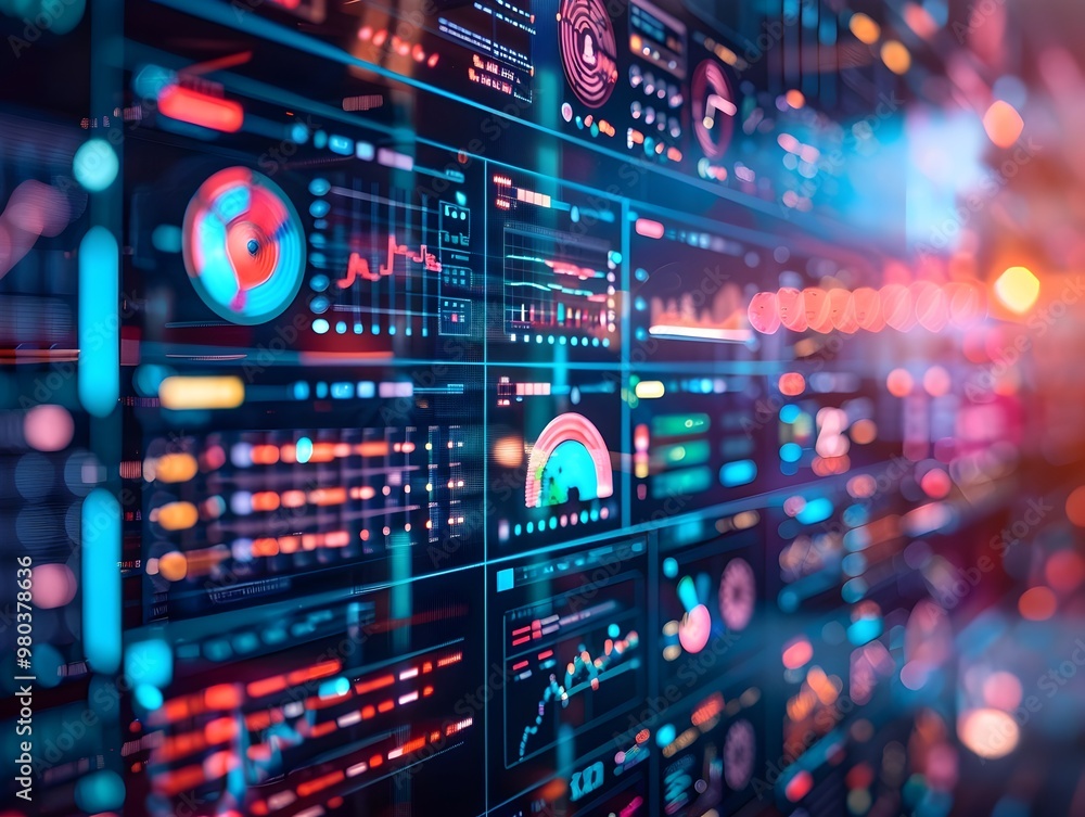 Fototapeta premium AI Driven Video Marketing Analytics with Detailed Engagement Metrics in a Vibrant Digital Dashboard Interface