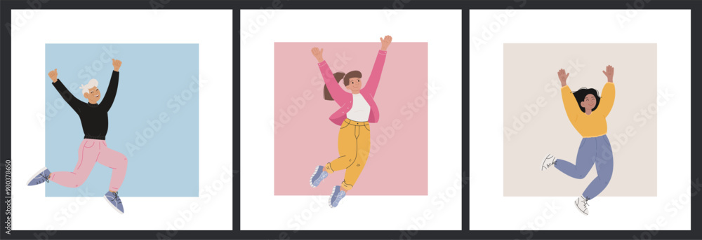 Set of Posters Featuring Happy People Jumping with Joy Set of Posters Featuring Happy People Jumping with Joy