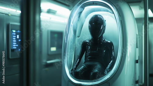 Alien in a cryogenic capsule within a science laboratory. Extraterrestrial being in an anabiosis chamber filled with liquid. Humanoid astronaut in hibernation inside a cryo chamber. UFO pilot in a lab