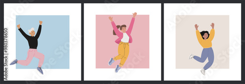 Set of Posters Featuring Happy People Jumping with Joy