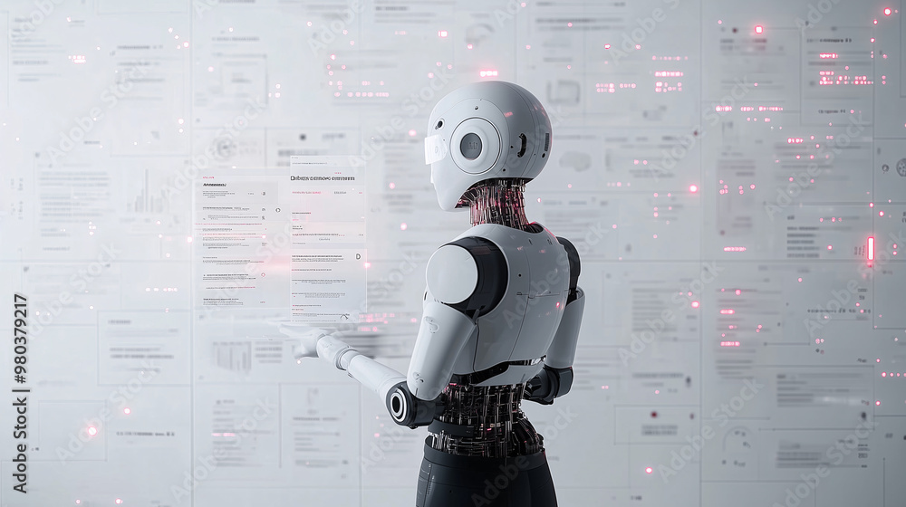 Naklejka premium AI assistant analyzing customer reviews, extracting key data points like date, product, rating, summary, action items, AI's role in enhancing business decisions on minimalist white background