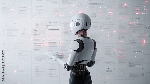 AI assistant analyzing customer reviews, extracting key data points like date, product, rating, summary, action items, AI's role in enhancing business decisions on minimalist white background