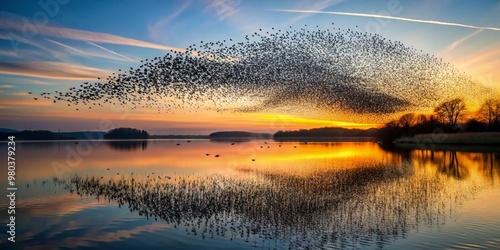 Murmuration of starlings forms a mesmerizing silhouette against a serene sunset sky, casting a mirrored reflection on the calm rippled water beneath.