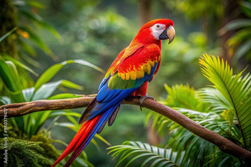 Vibrant Scarlet Macaw perches on a branch amidst lush green foliage in a tropical forest, showcasing its radiant plumage in its natural Costa Rican habitat. Vibrant Scarlet Macaw perches on a branch amidst lush green foliage in a tropical forest, showcasing its radiant plumage in its natural Costa Rican habitat.