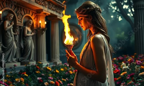 Persephone, goddess of spring and the underworld. As she walks, the scene changes to a dark and mysterious garden. photo