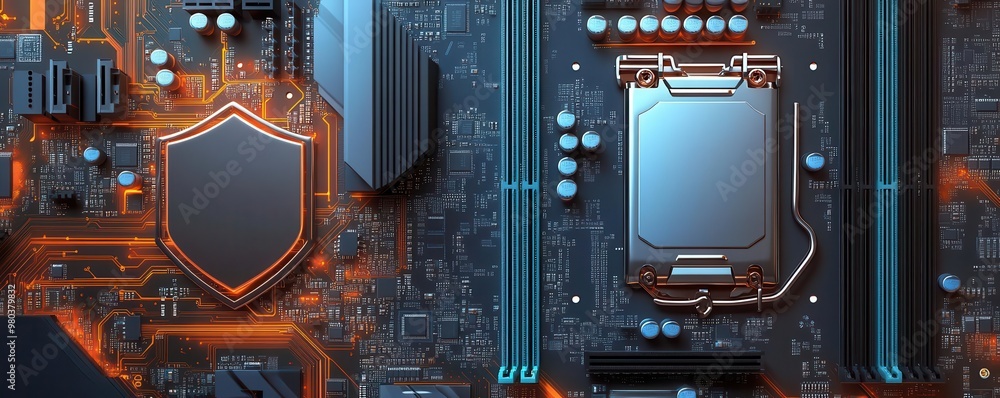Fototapeta premium High-tech circuit board featuring a shield and processor, showcasing modern technology in digital design.
