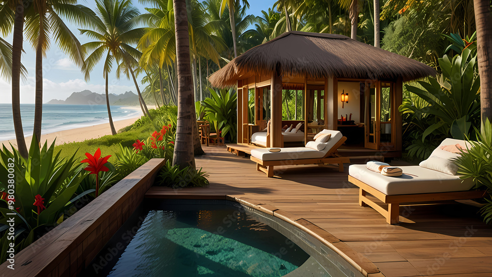 tropical beauty spa set in a lush jungle, with wooden walkways leading to private massage huts tropical beauty spa set in a lush jungle, with wooden walkways leading to private massage huts