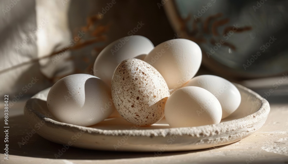 A group of white eggs on a ceramic plate with soft natural light. A group of white eggs on a ceramic plate with soft natural light.