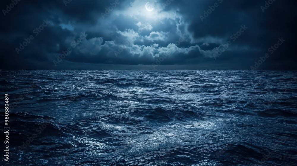 Obraz premium Dark Ocean Waves Wallpaper. Gentle waves of a dark ocean under a cloudy night sky.