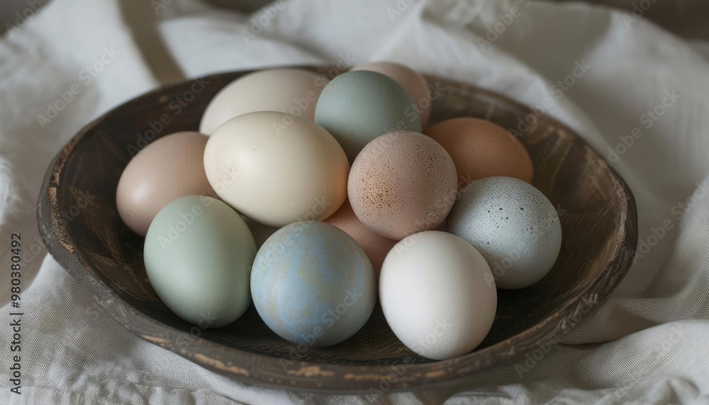 A bowl of fresh, colorful eggs on a white cloth. A bowl of fresh, colorful eggs on a white cloth.