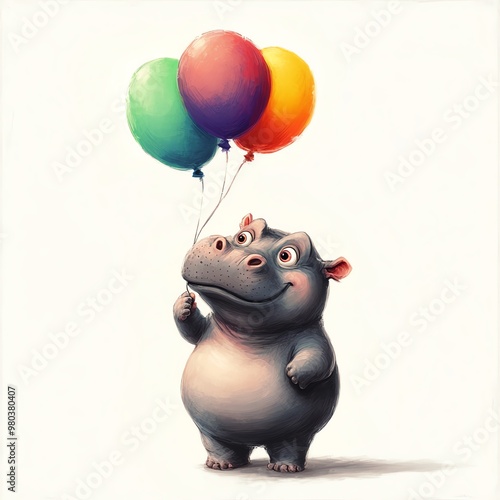 A chubby baby hippo holding a colorful balloon in its mouth floating slightly above the ground on a white background