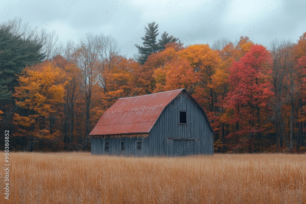 Old barn standing in front of forest with vibrant colors during autumn Old barn standing in front of forest with vibrant colors during autumn
