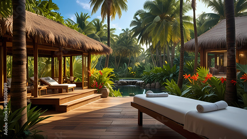 tropical beauty spa set in a lush jungle, with wooden walkways leading to private massage huts