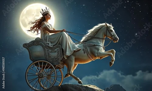 Selene, the moon goddess, rides a silver chariot across the night sky. The moon shines behind her, casting a soft light over the earth. She is the bringer of night and dreams.