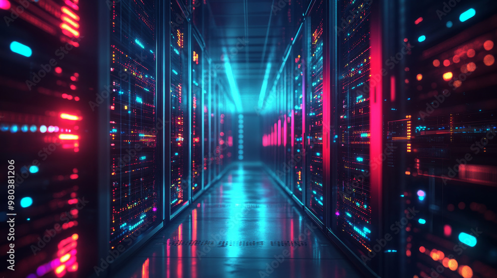 A data center or server room filled with servers for cloud storage. The dark environment is illuminated by data signal lights, representing the technology behind a computer data warehouse. A conceptua A data center or server room filled with servers for cloud storage. The dark environment is illuminated by data signal lights, representing the technology behind a computer data warehouse. A conceptua