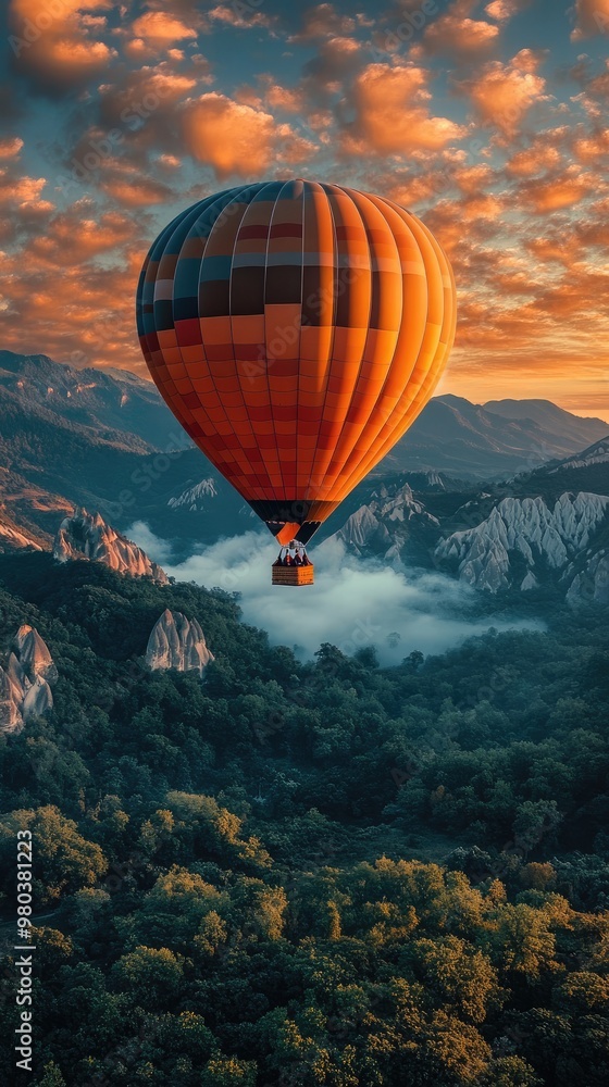 Fototapeta premium Hot air balloon soaring over green mountain peaks at sunset