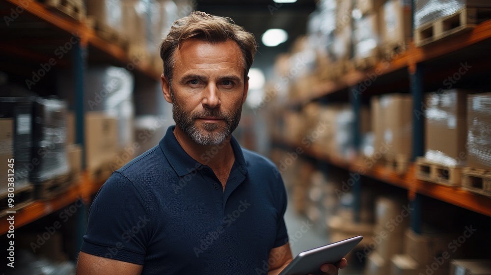 Warehouse manager holding digital tablet and controlling inventory Warehouse manager holding digital tablet and controlling inventory