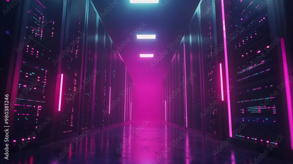 A data center or server room filled with servers for cloud storage. The dark environment is illuminated by data signal lights, representing the technology behind a computer data warehouse. A conceptua A data center or server room filled with servers for cloud storage. The dark environment is illuminated by data signal lights, representing the technology behind a computer data warehouse. A conceptua