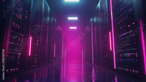 A data center or server room filled with servers for cloud storage. The dark environment is illuminated by data signal lights, representing the technology behind a computer data warehouse. A conceptua