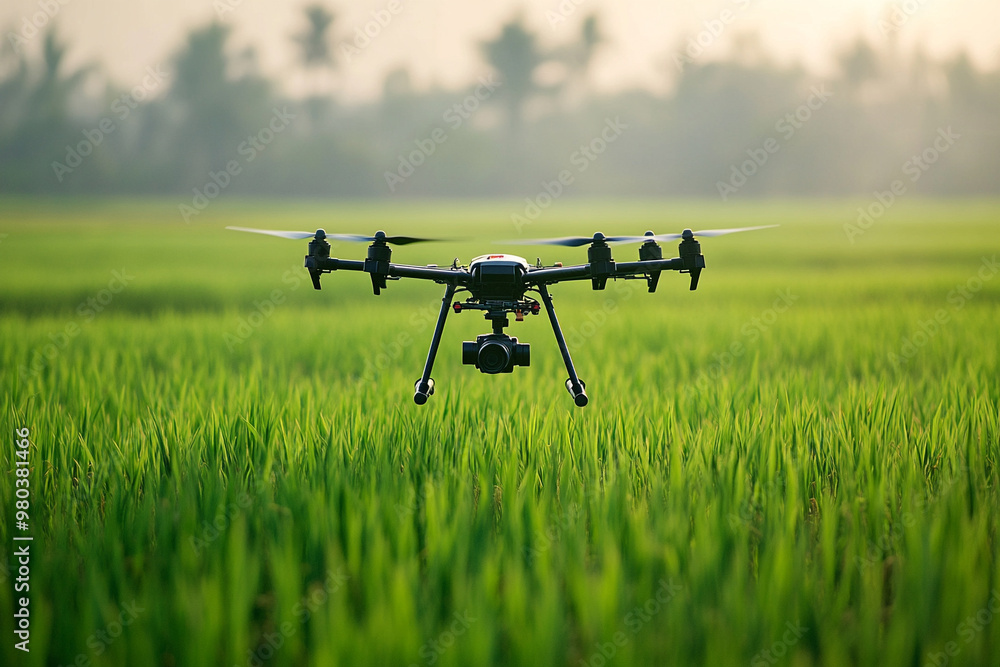 Small agriculture drone on green rice field. Small agriculture drone on green rice field.