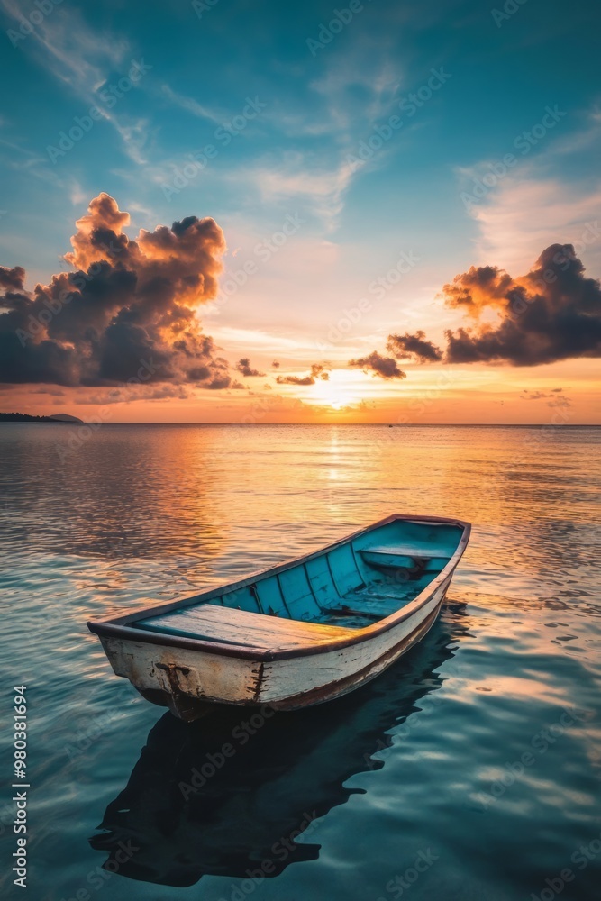 Tranquil Sunset Boat Reflection on Calm Lake with Vibrant Sky Tranquil Sunset Boat Reflection on Calm Lake with Vibrant Sky