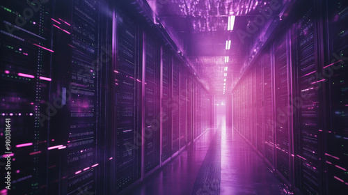 A data center or server room filled with servers for cloud storage. The dark environment is illuminated by data signal lights, representing the technology behind a computer data warehouse. A conceptua