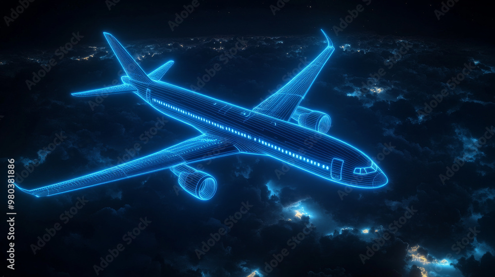 Blue neon airplane illustration in the night sky. A mesmerizing depiction of an aircraft outlined with glowing blue neon lines, gliding through the dark night sky, representing cutting-edge aerospace Blue neon airplane illustration in the night sky. A mesmerizing depiction of an aircraft outlined with glowing blue neon lines, gliding through the dark night sky, representing cutting-edge aerospace