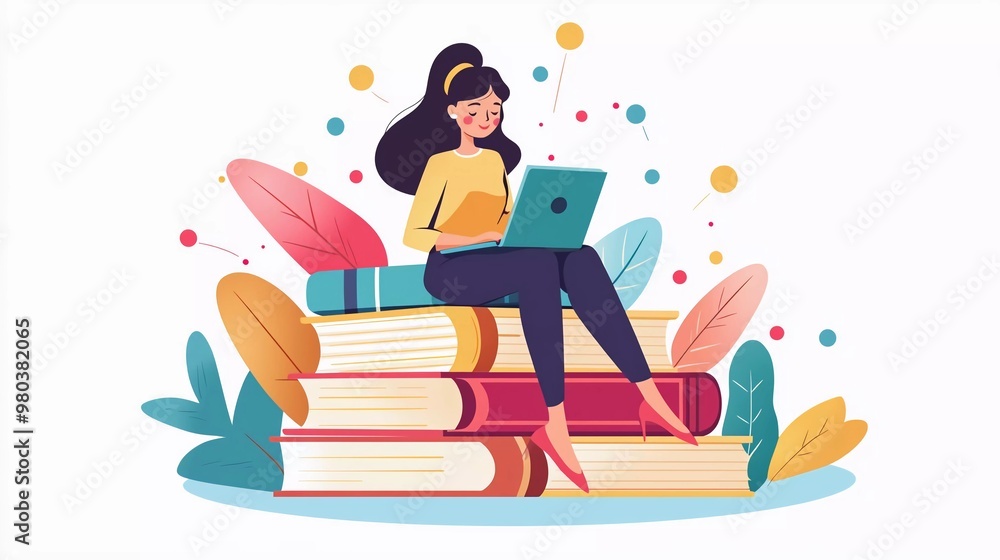 Girl sitting on a pile of books. Nice online course concept illustration Girl sitting on a pile of books. Nice online course concept illustration