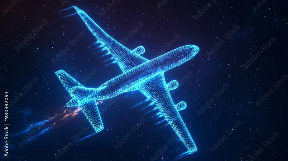 Blue neon airplane illustration in the night sky. A mesmerizing depiction of an aircraft outlined with glowing blue neon lines, gliding through the dark night sky, representing cutting-edge aerospace Blue neon airplane illustration in the night sky. A mesmerizing depiction of an aircraft outlined with glowing blue neon lines, gliding through the dark night sky, representing cutting-edge aerospace