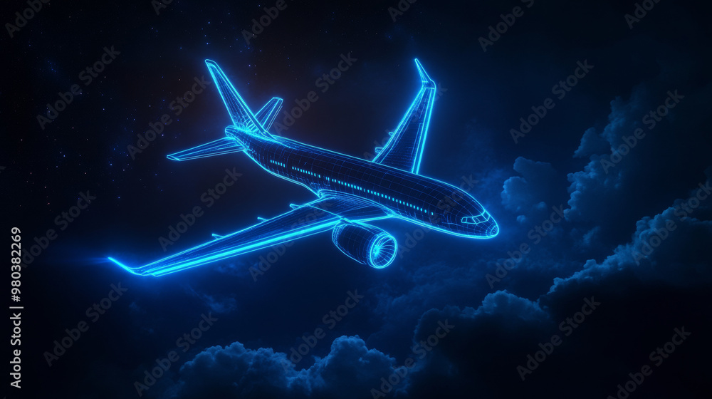 Blue neon airplane illustration in the night sky. A mesmerizing depiction of an aircraft outlined with glowing blue neon lines, gliding through the dark night sky, representing cutting-edge aerospace Blue neon airplane illustration in the night sky. A mesmerizing depiction of an aircraft outlined with glowing blue neon lines, gliding through the dark night sky, representing cutting-edge aerospace