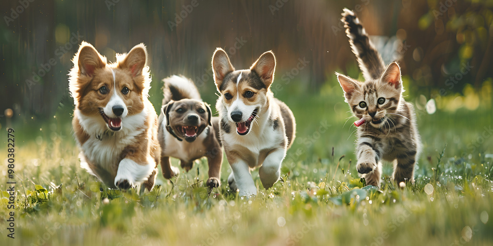 Joyful Dogs Running Playfully in a Sunny Meadow Joyful Dogs Running Playfully in a Sunny Meadow