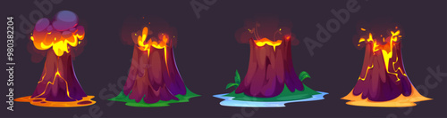 Volcano eruption with flowing lava and smoke cloud on island. Cartoon vector illustration set of game ui Jurassic period landscape elements. Rock mountain erupt and explode with hot orange magma.