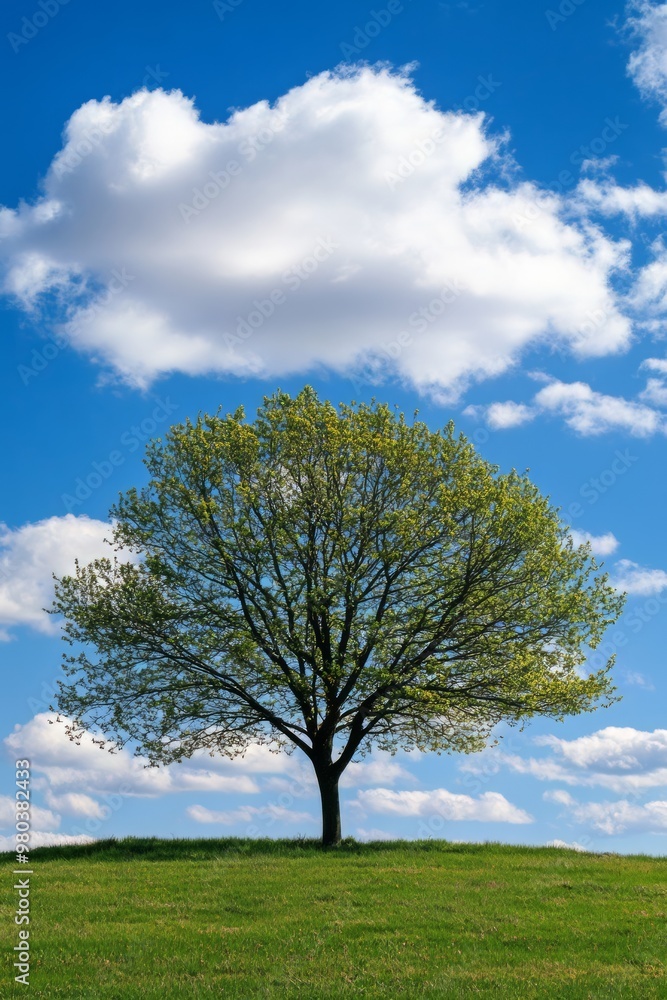 Majestic Solitary Tree Stands Tall Against Vibrant Sky with Fluffy White Clouds in Lush Green Meadow Landscape Majestic Solitary Tree Stands Tall Against Vibrant Sky with Fluffy White Clouds in Lush Green Meadow Landscape