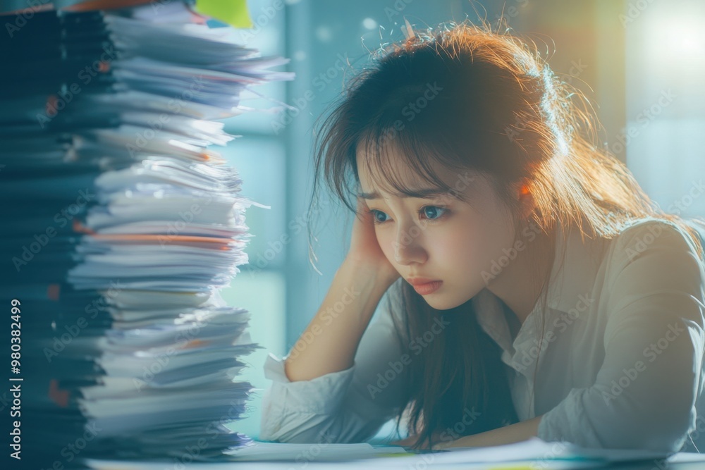 Overwhelmed Young Woman with Stacks of Paperwork Overwhelmed Young Woman with Stacks of Paperwork