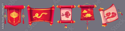 Chinese paper red scroll with golden holders and tassel, traditional Asian ornate and pictures - cloud and wave, snake and fish. Cartoon vector set of ancient oriental letter or book papyrus.