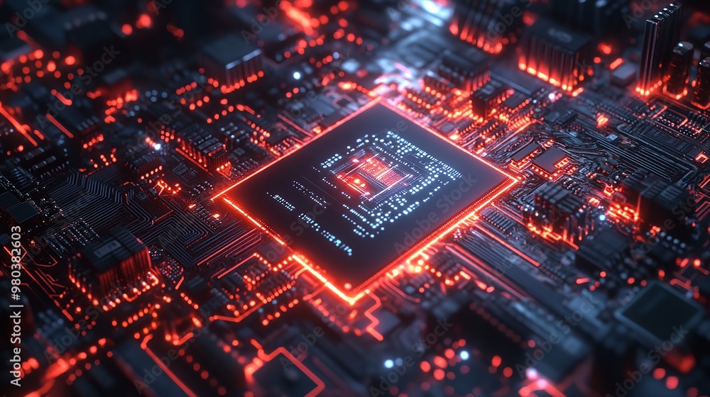 microchip designed for AI on a circuit board - closeup microchip designed for AI on a circuit board - closeup