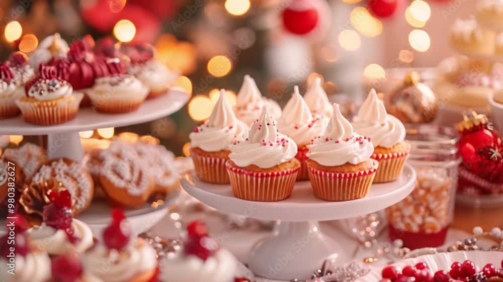 Close-up of a holiday themed dessert table at a party, featuring cupcakes, cookies and table decorations. Close-up of a holiday themed dessert table at a party, featuring cupcakes, cookies and table decorations.