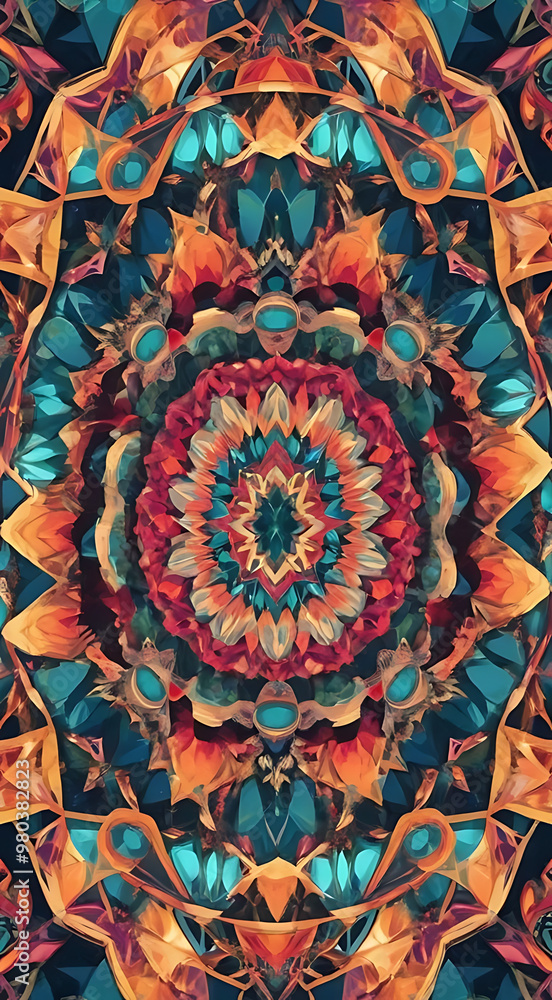 Fototapeta premium A symmetrical kaleidoscope pattern in bright, vibrant colors, with geometric shapes forming a captivating design, perfect for a visually striking mobile wallpaper