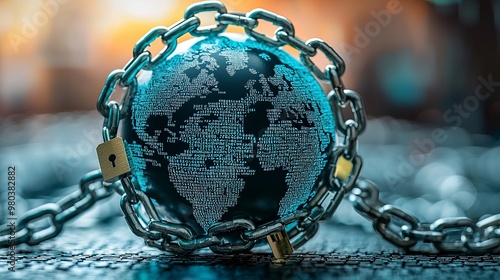 Globe wrapped in chains with locks, symbolizing global cybersecurity and data privacy protection photo