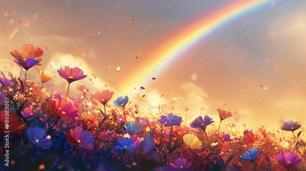 A brilliant rainbow arching over a field of wildflowers, with its colors intensifying as they touch the vibrant petals below. A brilliant rainbow arching over a field of wildflowers, with its colors intensifying as they touch the vibrant petals below.